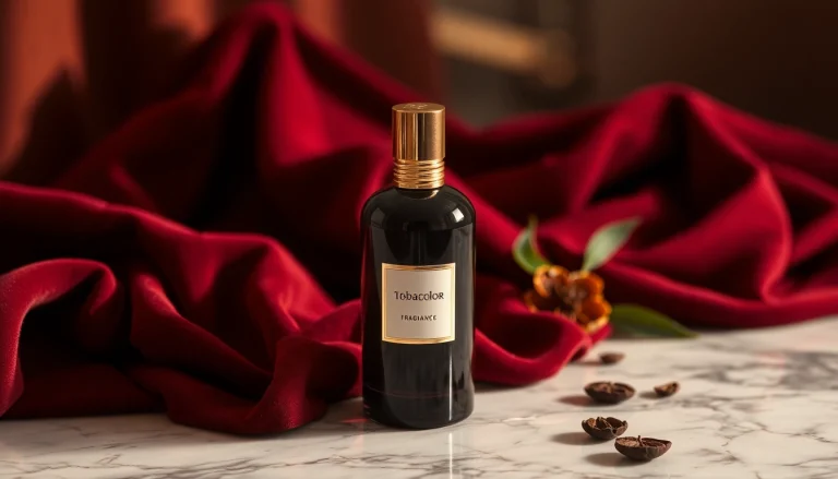 Experience the exquisite tobacolor fragrance, elegantly showcased against rich fabrics and warm lighting.