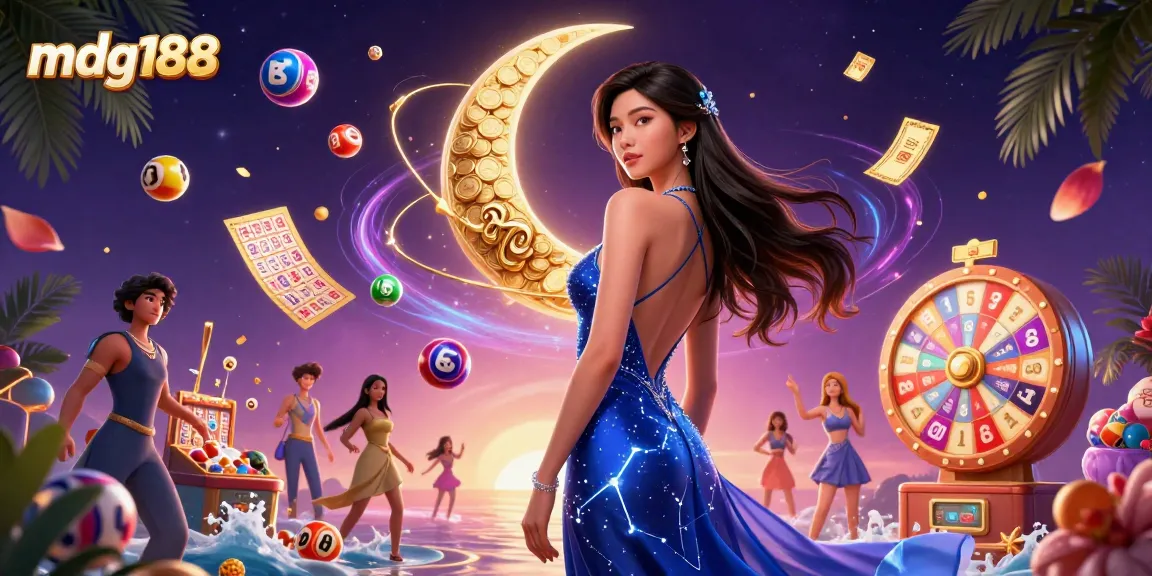 Experience the excitement of mdg188 with vibrant lottery elements and an elegant casino-themed backdrop.