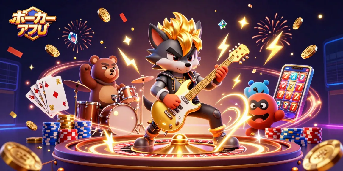 ポーカーアプリでスリリングな勝負を楽しむプレイヤーたちのイラスト。