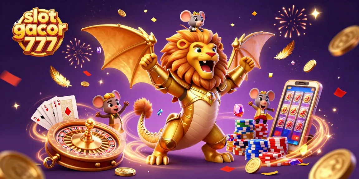 Slot gacor 777 menunjukkan monster mitologi 3D dengan koin emas berhamburan di sekelilingnya, menciptakan suasana kasino yang meriah.