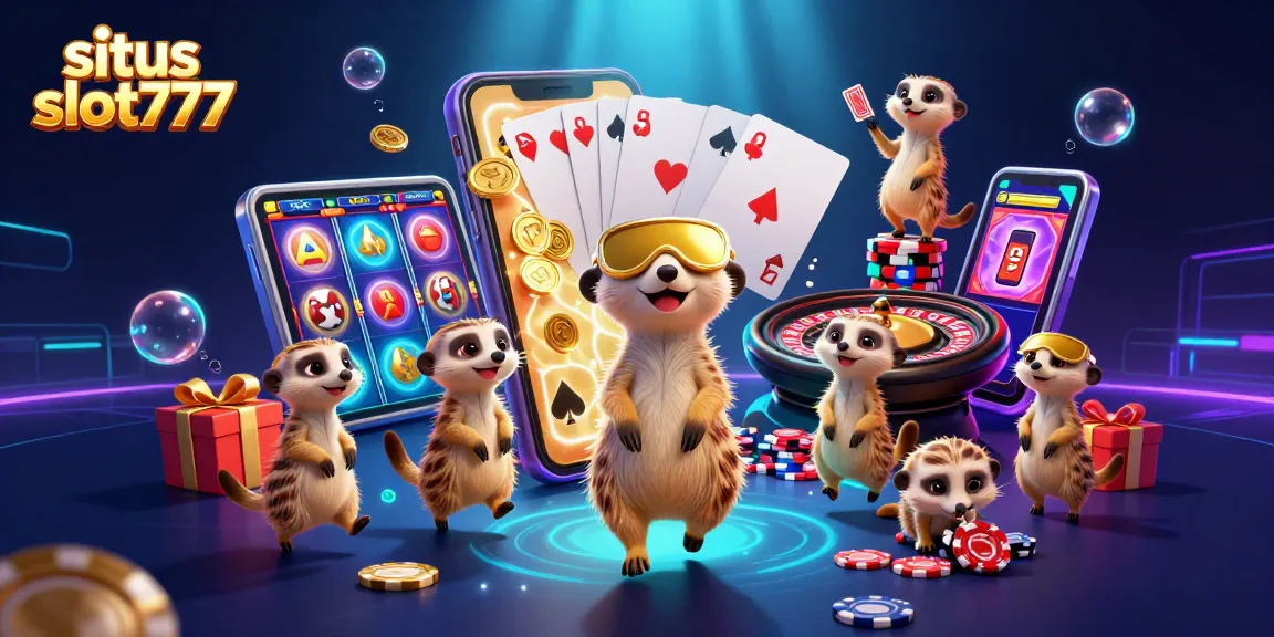 Situs slot777 showcases a lively meerkat casino scene with animated slot game elements and vibrant interactions.