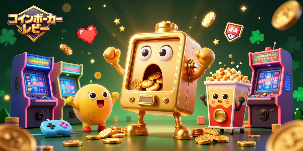 コインポーカー レビューで金色のスロットマシンがジャックポットを獲得する瞬間を描写したイラスト