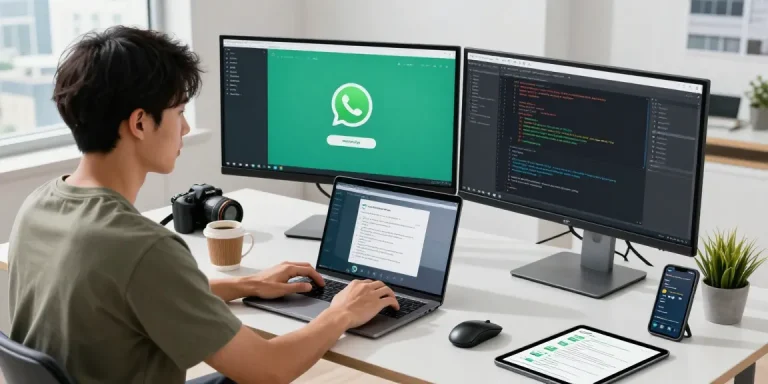 Developer coding WhatsApp下載 interface in a modern workspace.