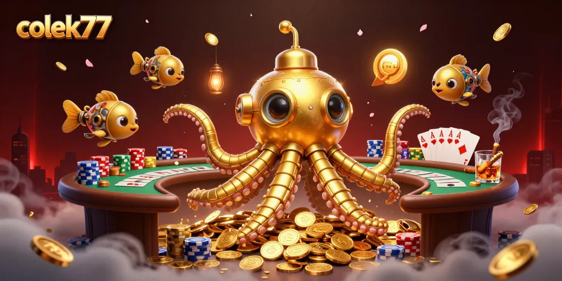 Engage in gaming at colek77, surrounded by dynamic poker elements and golden coins.
