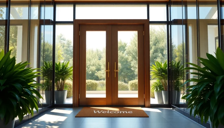 Open single leaf double swing door leading into a bright entryway with polished design features.