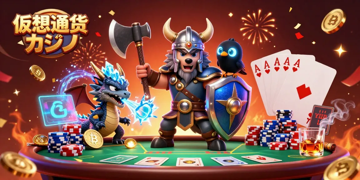 仮想通貨カジノのシーンで、狼戦士、ドラゴン、カラスが駆け抜ける動画のようなイラストです。