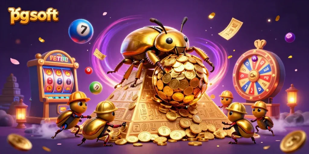 Engage with pg soft as a golden dung beetle rolls a jackpot ball in a vibrant casino scene.