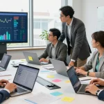 Team analyzing financial crime intelligence data in a modern office setting.