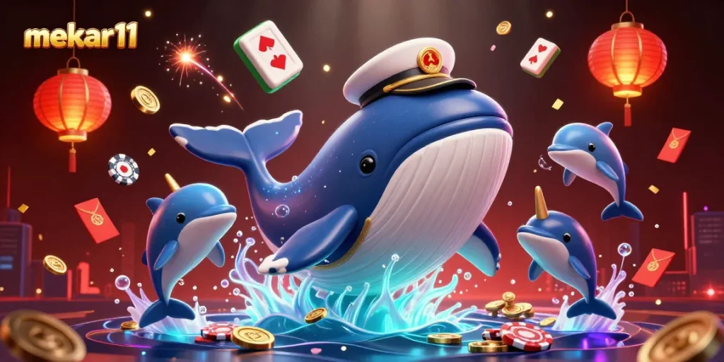 Enjoy thrilling gameplay with mekar11 in a vibrant underwater casino scene featuring a cartoon whale.