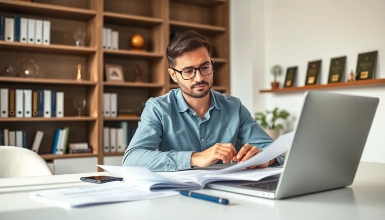 Consultant reviewing grants and pre-post award compliance in a modern office environment.