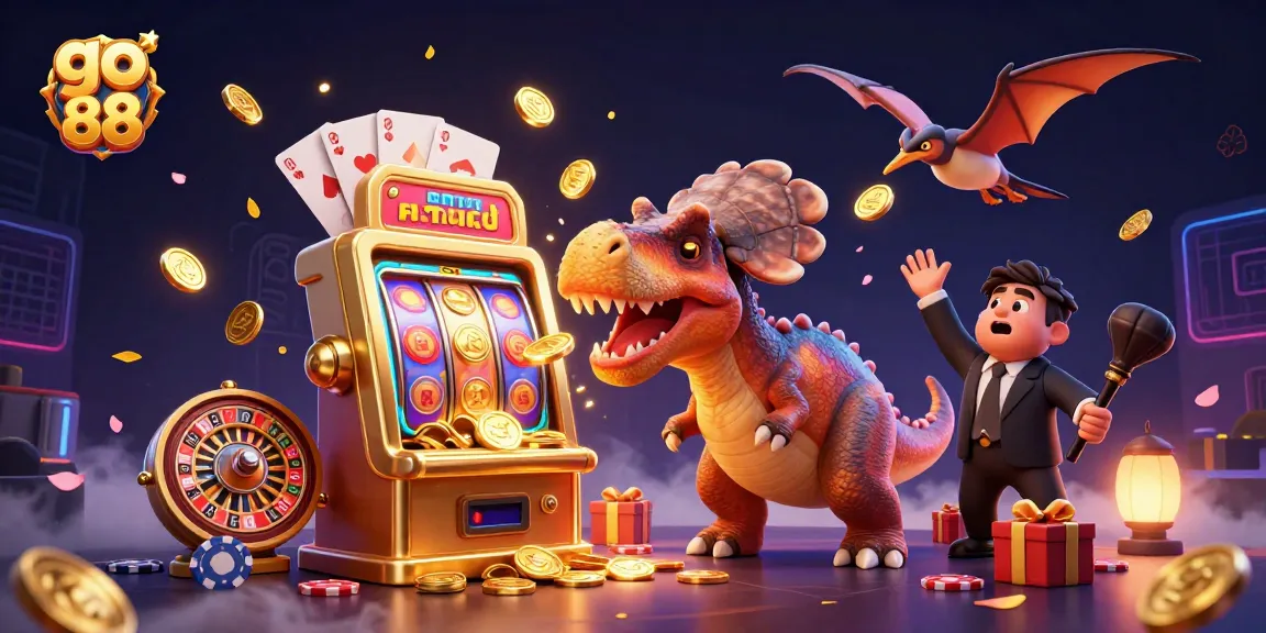 Experience the thrill of go 88 as a pachycephalosaurus wins jackpots amid chaotic casino fun with golden coins.