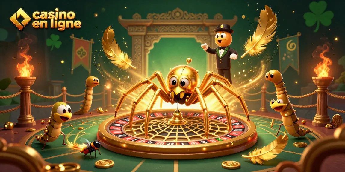 Casino en ligne : misez sur des jeux palpitants avec une araignée dorée tissant une toile de roulette.