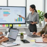 SEO Agency in Malaysia team analyzing data and collaborating in a modern workspace