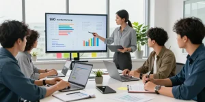 SEO Agency in Malaysia team analyzing data and collaborating in a modern workspace