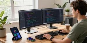 Workspace environment showcasing a programmer coding, emphasizing 纸飞机下载 integration in a modern tech setting.