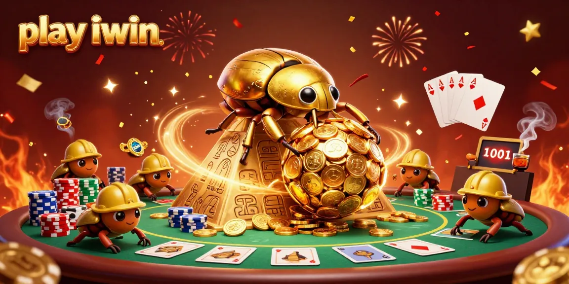 Play iwin through an exciting casino journey with vibrant 3D illustrations of gameplay elements.