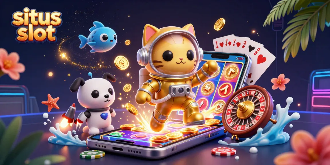 Engage with situs slot games featuring a dynamic scene of a space astronaut cat and robot dog surrounded by colorful slot visuals.
