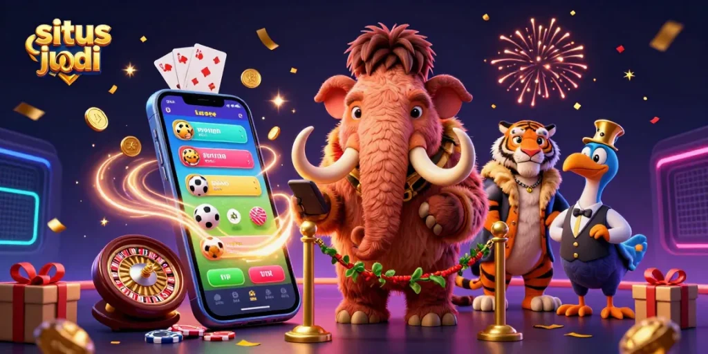 Engage in situs judi bola excitement with vibrant visuals of a sports betting scene featuring dynamic characters.