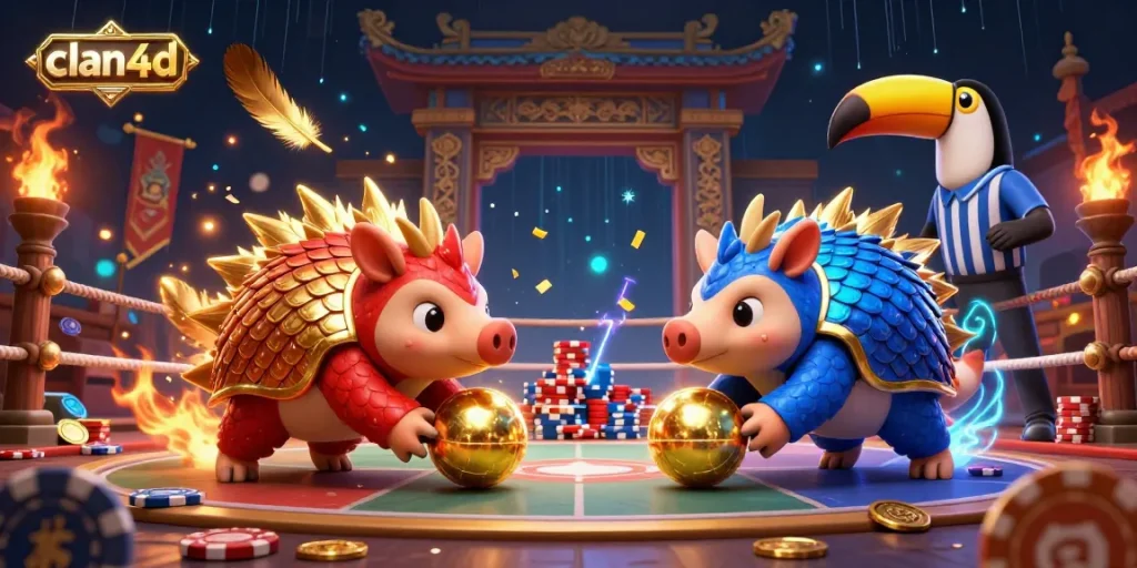 Compete with clan4d in an exciting 3D cartoon gambling scene featuring rival pangolins and vibrant game elements.