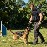 ROKOK88 K9 training scene with a trainer and dog in action, showcasing tactical gear.