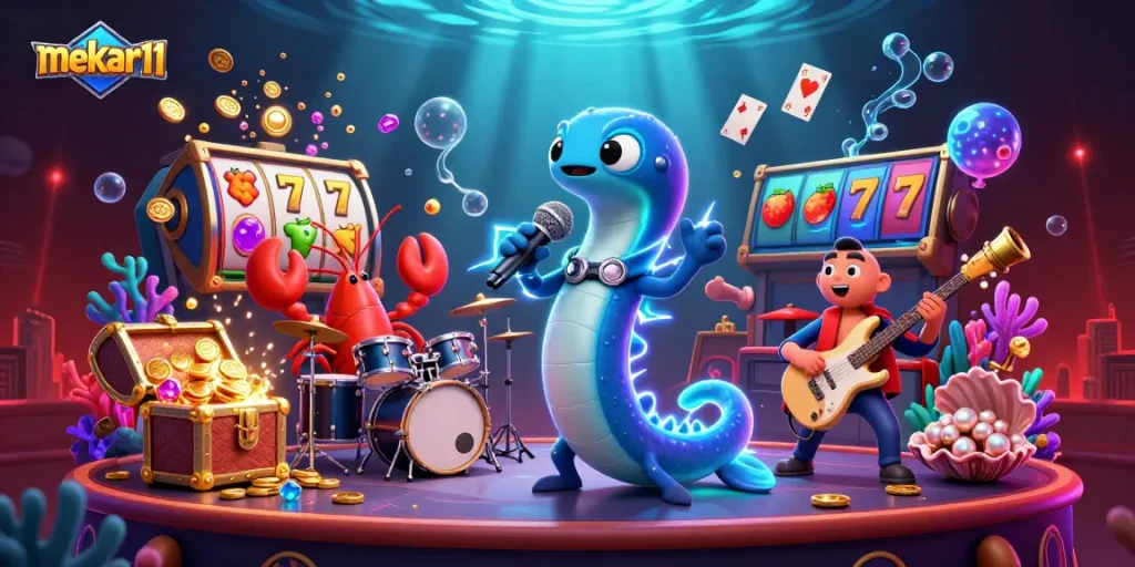 Experience the vibrant underwater casino scene with mekar11 featuring an electric eel DJ!