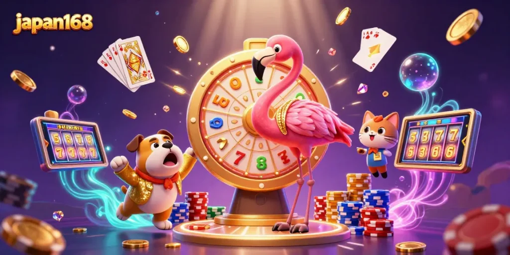 Experience exciting wins with japan168's dazzling game show scene featuring vibrant characters and dynamic gambling elements.
