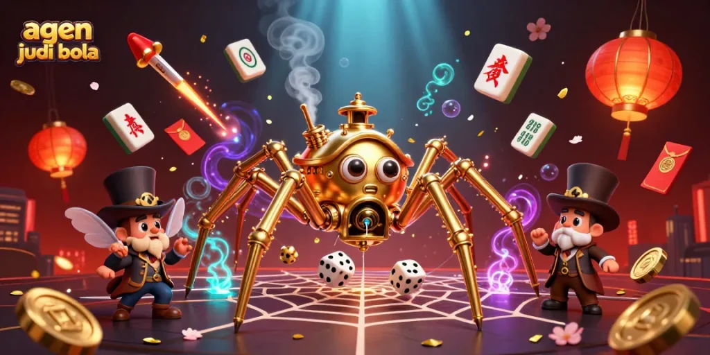 Engage with agen judi bola's thrilling betting world through a dynamic, 3D casino-inspired scene.