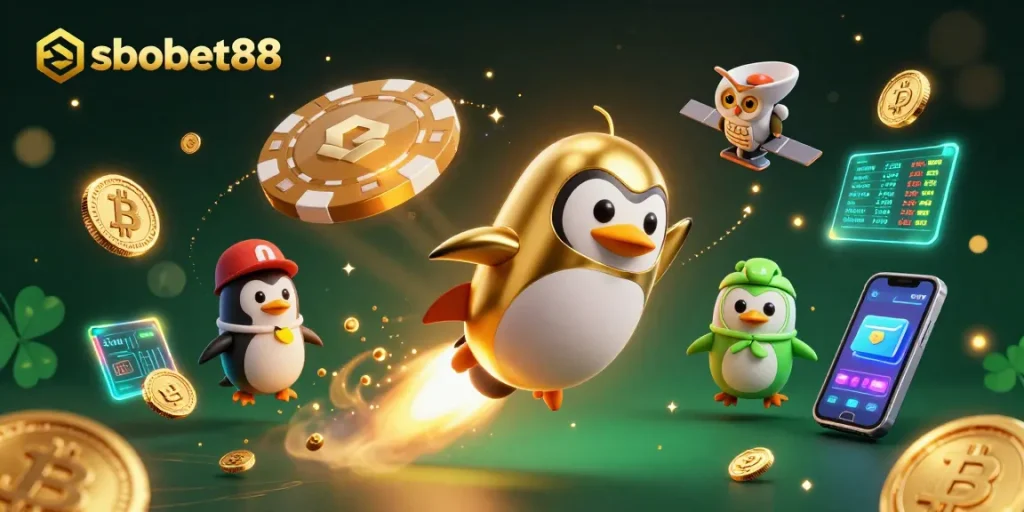 Experience sbobet88 with a golden penguin soaring toward a spectacular casino space station.