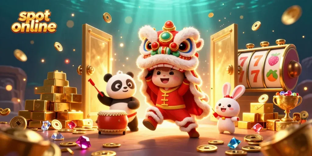 Engaging scene showcasing a slot online theme with festive characters amid treasures and glowing jewels.